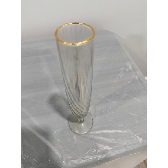 Tall Gold Rim Swirl Glass Bud Vase Clear Vintage Style Decorative Art Glass - Picture 2 of 4